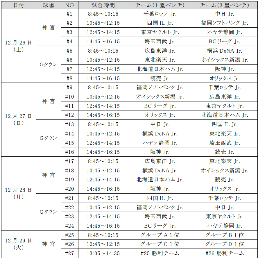 NPB正式配布の大会日程図。最新の予定は本文の公式日程ボタンから文字でも確認できます