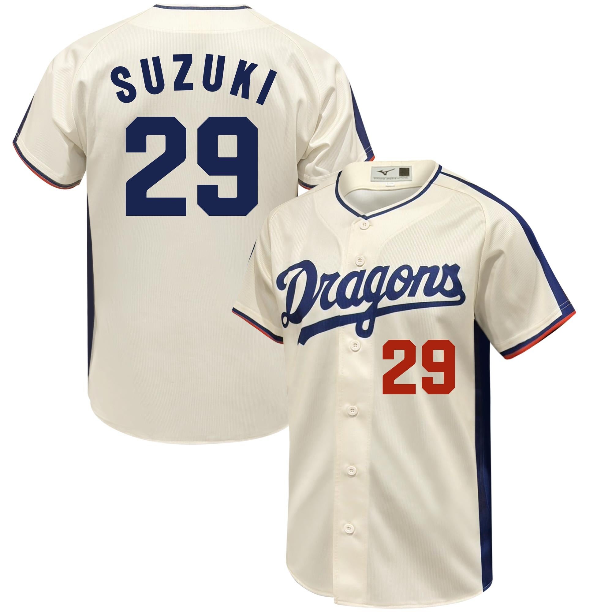 SUZUKI・背番号29を表示したレプリカユニホームの掲載例。選手別の取り扱いは公式で確認。発表価格：11,000円（税込）／M・L・O／出場予定OB選手