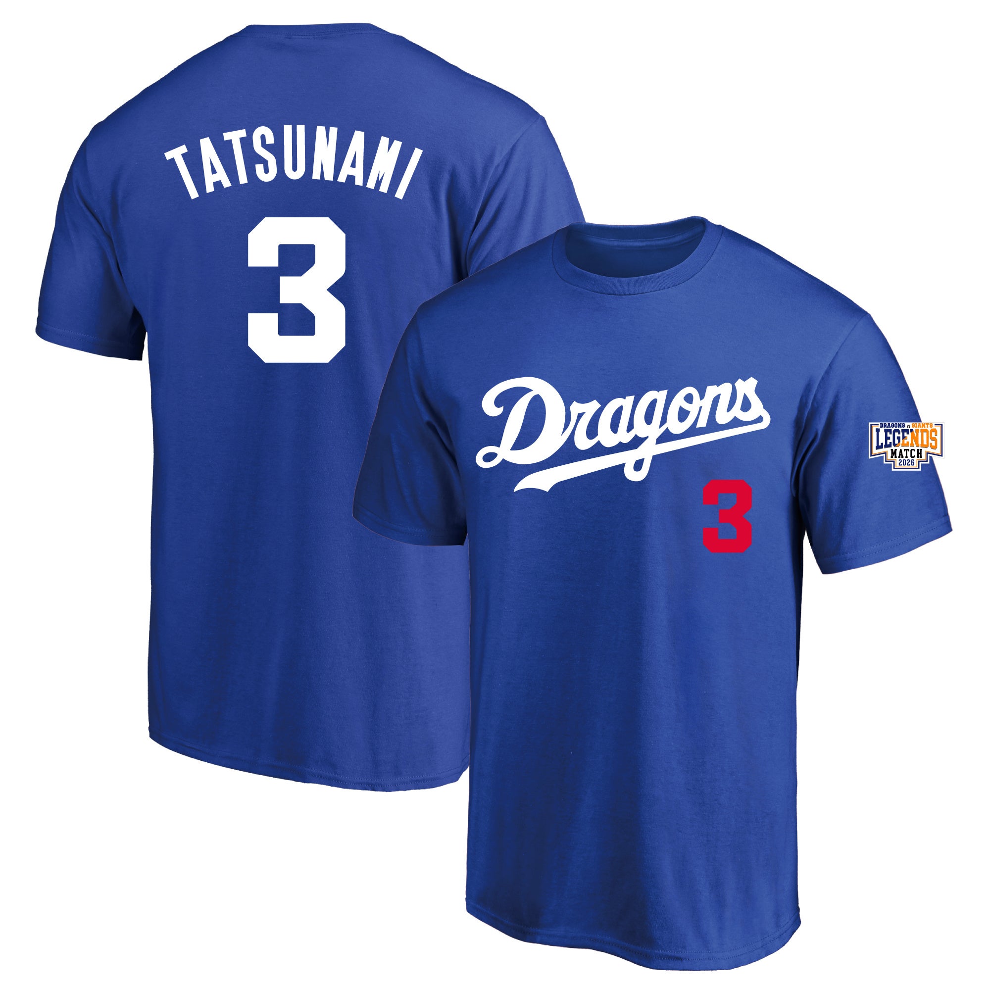 TATSUNAMI・背番号3を表示したブルーのナンバーTシャツの掲載例。発表価格：3,900円（税込）／アイボリー・ブルー／S・M・L・XL・2XL